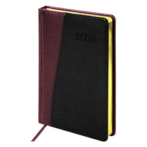 Ежедневник датированный 2026, А5, 138x213 мм, BRAUBERG "Cayman", под кожу, бордовый/черный, 117046 - фото 1