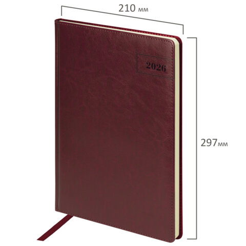 Ежедневник датированный 2026 БОЛЬШОЙ ФОРМАТ 210х297 мм, А4, BRAUBERG "Imperial", под кожу, бордо, 117248 - фото 2
