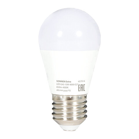 Лампа светодиодная SONNEN EXTRA, 10 (85) Вт, E27, шар, нейтральный белый, 30000 ч, LED G45-10W-4000-Е27, 457914 - фото 2