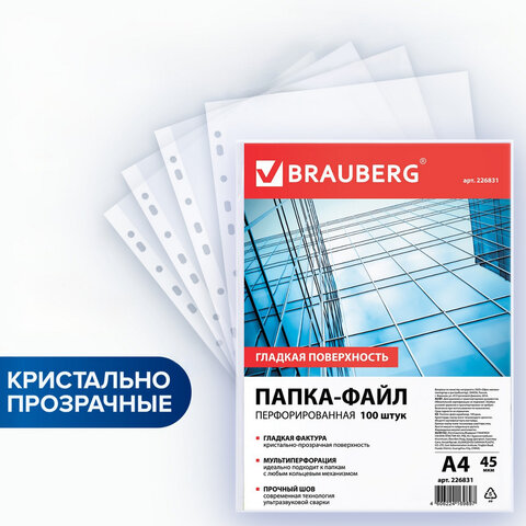 Папки-файлы перфорированные, А4, BRAUBERG "STANDARD", комплект 100 шт., гладкие, 45 мкм, 226831 Папки-файлы перфорированные, А4, BRAUBERG "STANDARD", комплект 100 шт., гладкие, 45 мкм, 226831 - фото 1