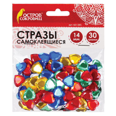 Стразы самоклеящиеся "Сердце", 14 мм, 30 г, 5 цветов, ОСТРОВ СОКРОВИЩ, 661385 - фото 1