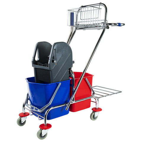 Тележка уборочная BRABIX, 2-съемных ведра по 15 л, отжим, корзина, держатель для мусорного мешка с поддерживающей платформой, 601500 - фото 1