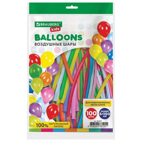 Шары воздушные для моделирования 5х150 см, 100 штук, ассорти, BRAUBERG KIDS, 591877 - фото 3