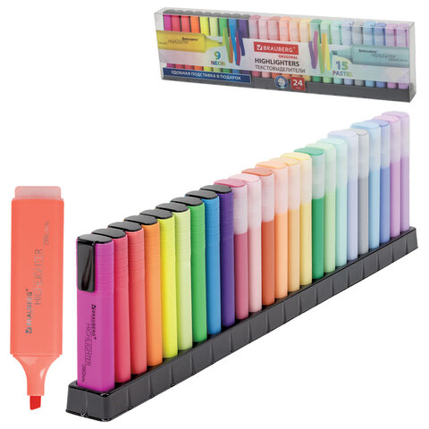 Набор текстовыделителей 24 ЦВЕТА на подставке, BRAUBERG "ORIGINAL", 15 пастельных цветов + 9 неоновых цветов, линия 1-5 мм, 152508 - фото 1