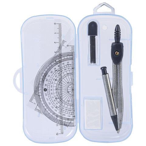 Готовальня ПИФАГОР 8 предметов: циркуль 120 мм, чертежные принадлежности, пластиковый пенал, 210860 - фото 2