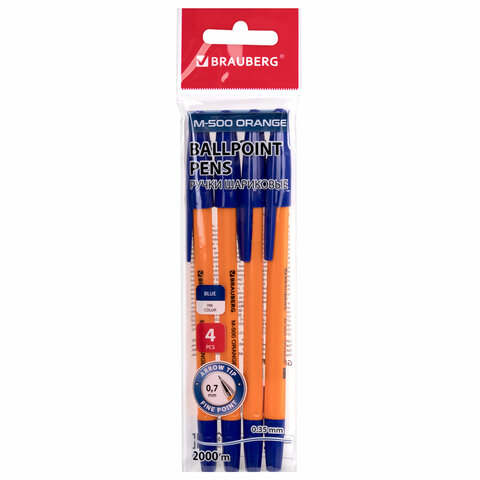 Ручки шариковые BRAUBERG "M-500 ORANGE", НАБОР 4 шт., СИНИЕ, узел 0,7 мм, линия письма 0,35 мм, 143950 - фото 1