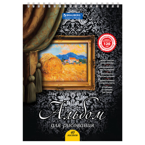 Альбом для рисования, А4, 40 листов, гребень, выборочный лак, подложка, 120 г/м2, BRAUBERG, 205х290 мм, "Картина" (2 вида), 102834 - фото 2