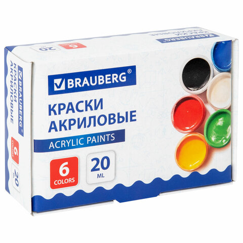 Краски акриловые для рисования и творчества 6 цветов по 20 мл, BRAUBERG, 192562 - фото 1