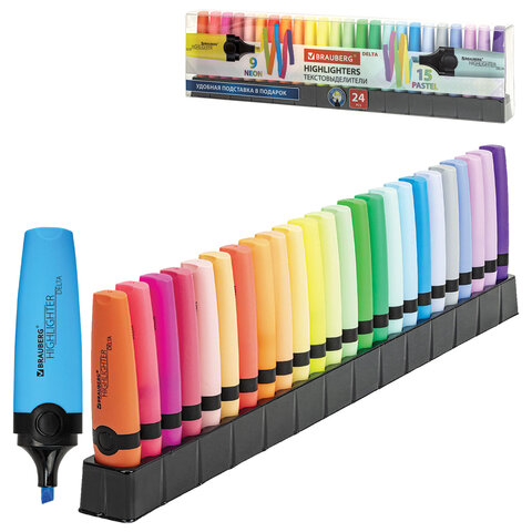 Набор текстовыделителей 24 ЦВЕТА на подставке, BRAUBERG "DELTA", 15 пастельных цветов + 9 неоновых цветов, линия 1-5 мм, 152506 - фото 1