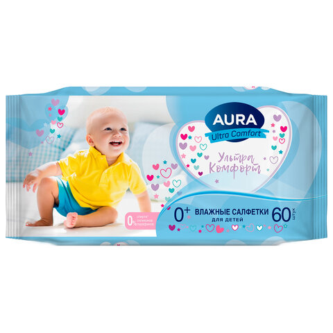 Салфетки влажные 60 шт., для детей, AURA "Ultra Comfort", без спирта, 8106 - фото 1