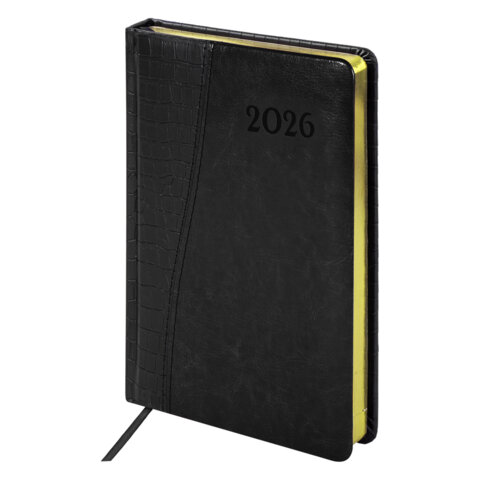 Ежедневник датированный 2026, А5, 138x213 мм, BRAUBERG "Cayman", под кожу, черный, 117047 - фото 1