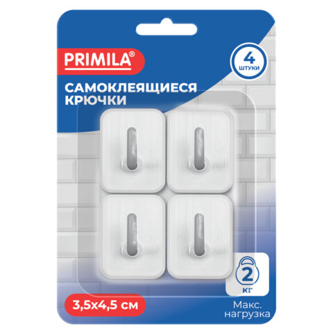 Крючки самоклеящиеся КОМПЛЕКТ 4 шт., 3,5х4,5 см, пластиковые, прямоугольные, бело-серые, PRIMILA (ПРИМИЛА), 702365 - фото 3
