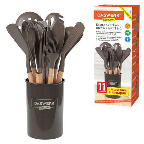 Набор силиконовых кухонных принадлежностей с деревянными ручками 12 в 1, серо-коричневый, DASWERK (ДАСВЕРК), 608195 - фото 1