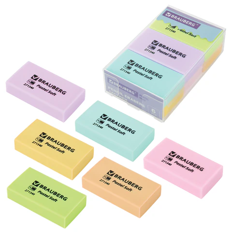 Ластики BRAUBERG PASTEL SOFT НАБОР 6 шт., размер ластика 45х25х10 мм, экологичный ПВХ, 271340 - фото 1
