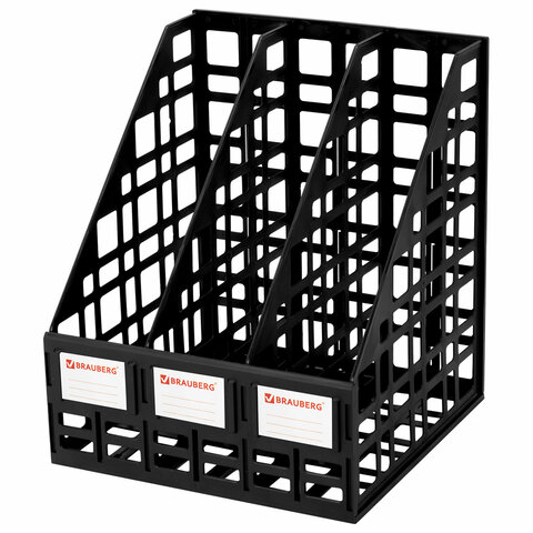 Лоток вертикальный для бумаг BRAUBERG "ULTRA", 240 мм, 3 отделения, сетчатый, сборный, черный, 238249 - фото 1