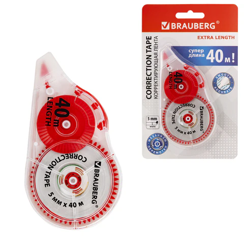 Корректирующая лента BRAUBERG EXTRA LENGTH, 5 мм х 40 м, механизм перемотки, корпус прозрачный, блистер, 272502 - фото 1