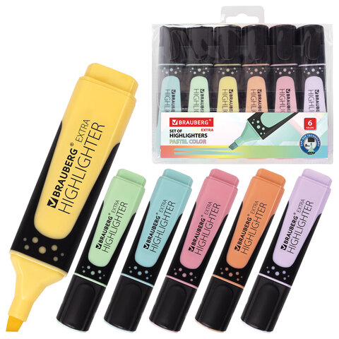 Набор текстовыделителей BRAUBERG 6 шт., АССОРТИ, "EXTRA PASTEL", прорезиненный корпус, линия 1-5 мм, 151757 - фото 1