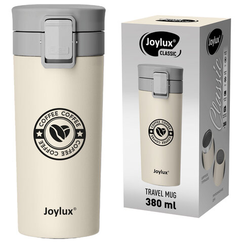Термокружка 380 мл JOYLUX (ДЖОЙЛЮКС) CLASSIC COFFEE, нержавеющая сталь SUS304, бежевый с принтом, 700273 - фото 1