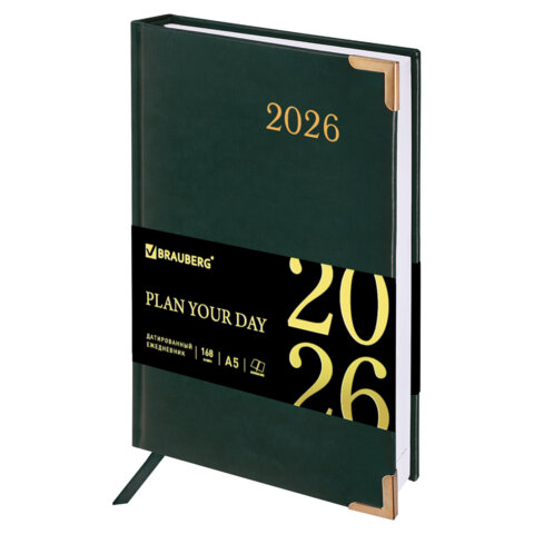 Ежедневник датированный 2026 А5 138x213мм BRAUBERG Senator, под кожу, зеленый, 117092 - фото 1