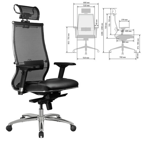 Кресло офисное МЕТТА "SAMURAI" SL-3, с подголовником, сверхпрочная ткань-сетка/экокожа, черное - фото 3