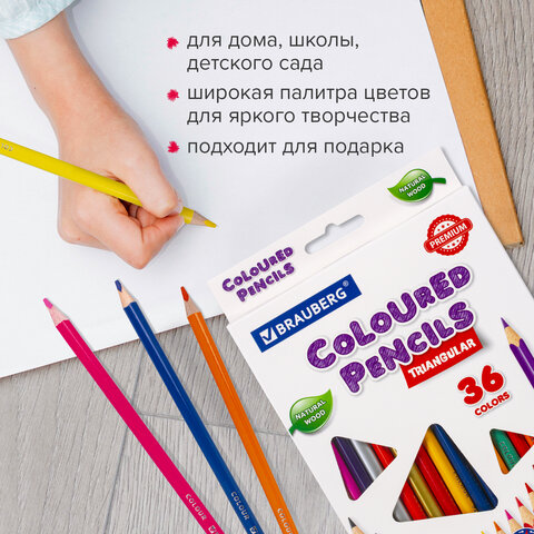 Карандаши цветные BRAUBERG PREMIUM, 36 цветов, трехгранные, грифель 3,3 мм, натуральное дерево, 181654 - фото 17