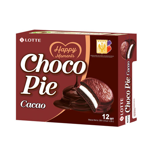 Печенье LOTTE "Choco Pie Cacao" ("Чоко Пай Какао"), глазированное, картонная упаковка, 336 г, 12 шт. х 28 г - фото 1