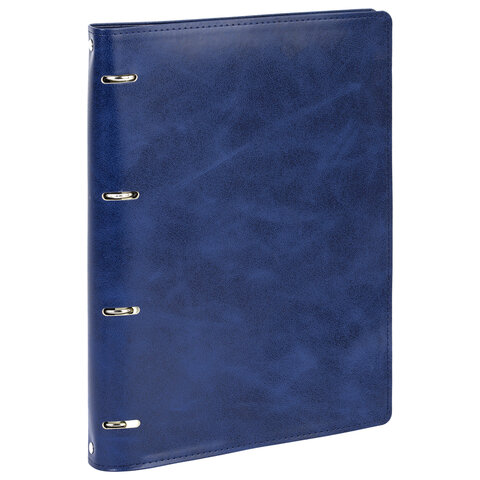 Тетрадь на кольцах БОЛЬШАЯ А4 (240х310 мм), 120 листов, под кожу, клетка, BRAUBERG "Main", синий, 404510 - фото 1