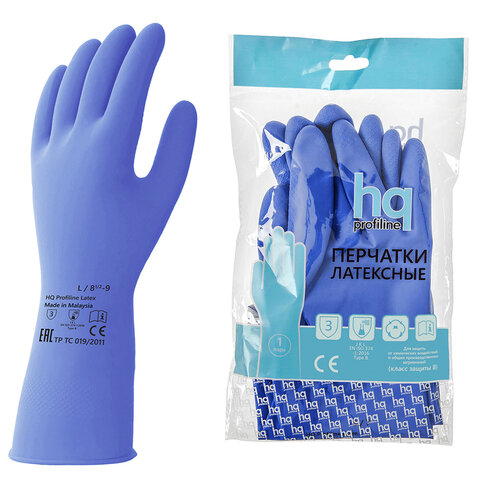 Перчатки латексные КЩС, сверхпрочные, плотные, хлопковое напыление, размер 8,5-9, L (большой), синие, HQ Profiline, 74735 - фото 1