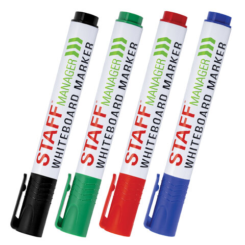 Маркеры стираемые для белой доски, НАБОР 4 ЦВЕТА, STAFF "MANAGER" WBM-300, 3 мм, с клипом, 152637 - фото 2