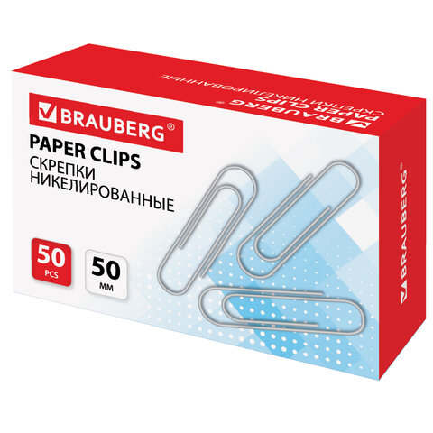 Скрепки большие 50 мм, BRAUBERG, никелированные, 50 шт., в картонной коробке, РОССИЯ, 221525 - фото 2