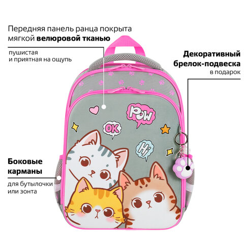 Ранец BRAUBERG QUADRO, 3 отделения, с брелком, Hi there, велюровая панель, 37х28х18 см, 273105 - фото 14