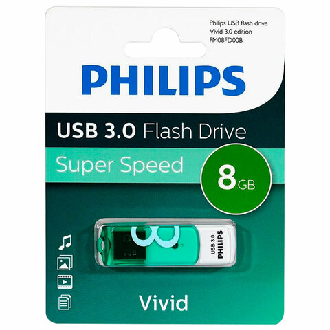Флеш-диск 8 GB PHILIPS VIVID, разъем USB 3.0, зеленый, FM08FD00B/97 - фото 1