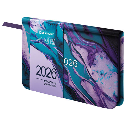 Еженедельник датированный 2026 МАЛЫЙ ФОРМАТ 95х155 мм, А6, BRAUBERG "Vista", под кожу, "Мрамор", 117202 - фото 1