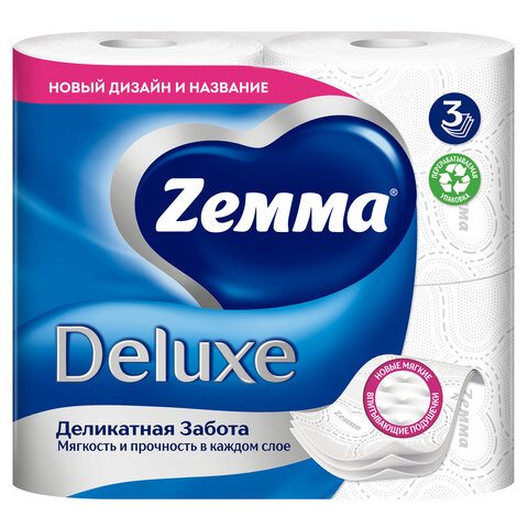 Бумага туалетная 3-слойная, 4 рулона (4х18 м), белая, ZEMMA/ZEWA Deluxe, 32281 - фото 1