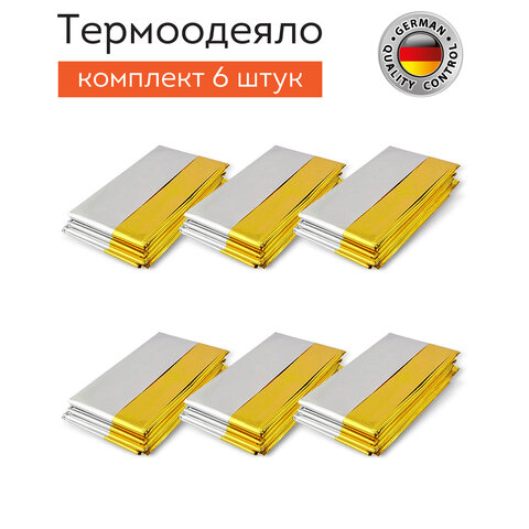 Термоодеяло покрывало изотермическое КОМПЛЕКТ 6 шт., серебро/золото, 160х210 см, DASWERK, 631158 - фото 1