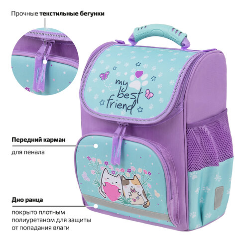 Ранец ПИФАГОР BASIC, 1 отделение, 3 кармана, эргономичная спинка, "Cat friends", 35х28х18 см, 272048 - фото 12