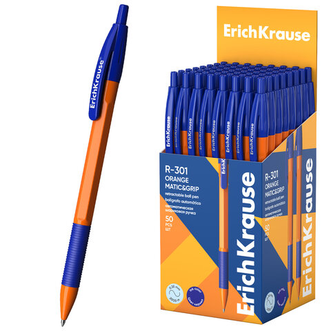 Ручка шариковая автоматическая с грипом ERICH KRAUSE "R-301 Orange", СИНЯЯ, узел 1,0 мм, линия письма 0,35 мм, 46762 - фото 1