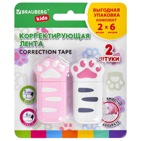 Корректирующая лента BRAUBERG KIDS "ЛАПКИ", 5 мм х 6 м, ВЫГОДНАЯ УПАКОВКА 2 штуки в блистере, 272498 - фото 1