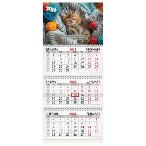 Календарь квартальный на 2026 г., 3 блока, 3 гребня, бегунок, мелованная бумага, BRAUBERG, "Котенок", 116805 - фото 1