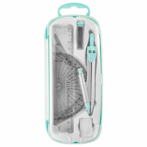 Готовальня BRAUBERG SCHOOL KIT, 9 предметов, циркуль 125 мм, чертежные принадлежности, мятный цвет, 210716 - фото 3