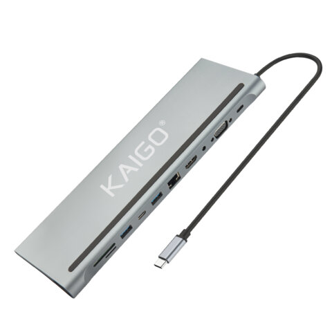 Док-станция хаб-разветвитель KG-050, в/с, 11 в 1, USB-A 2.0/3.2, Type-C 3.2 - PD 3.0, RJ-45, SD/TF 2.0, HDMI, VGA, AUX, 250 мм, серая, KAIGO, 355070 - фото 1