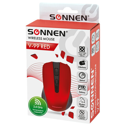 Мышь беспроводная SONNEN V99, USB, 1000/1200/1600 dpi, 4 кнопки, оптическая, красная, 513529 - фото 10
