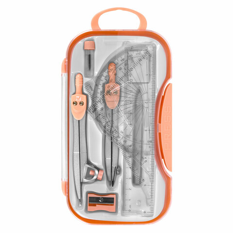 Готовальня BRAUBERG SCHOOL KIT, 11 предметов, циркуль 115 мм, циркуль 125 мм, чертежные принадлежности, персиковый цвет, 210717 - фото 2