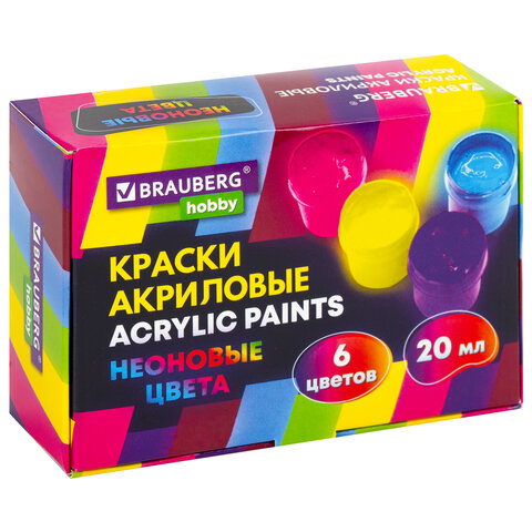 Краски акриловые НЕОНОВЫЕ для рисования и творчества 6 цветов по 20 мл, BRAUBERG HOBBY, 192438 - фото 1