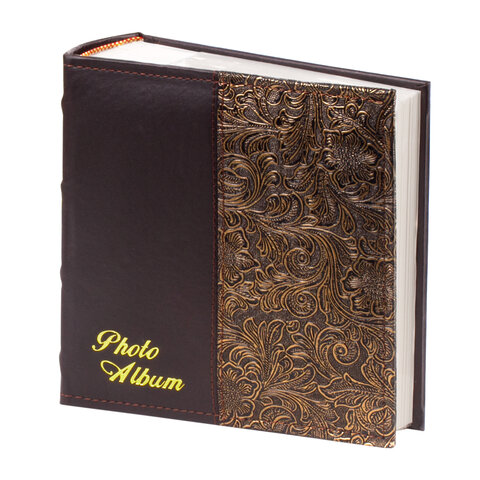 Фотоальбом BRAUBERG на 300 фото 10х15 см, под кожу, бумажные страницы, бокс, коричневый + золото, 391118 - фото 1