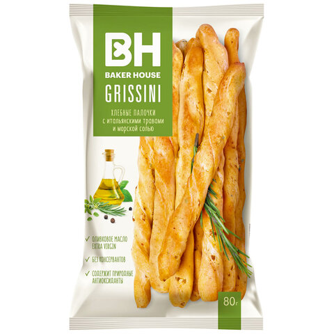 Хлебные палочки BAKER HOUSE "Grissini" с итальянскими травами и морской солью, 80 г, 25405 - фото 1