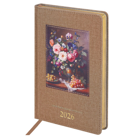Ежедневник датированный 2026 А5 138х213 мм, BRAUBERG "ArtGallery", под кожу, нашивка, бежевый, 117404 - фото 1