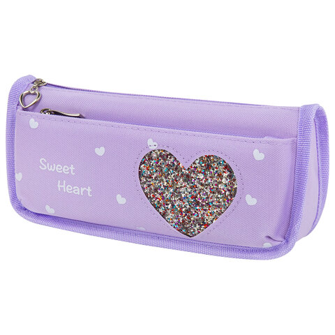 Пенал мягкий ЮНЛАНДИЯ, 2 отделения, полиэстер, "Heart", фиолетовый, 21х6х9 см, 270259 - фото 1