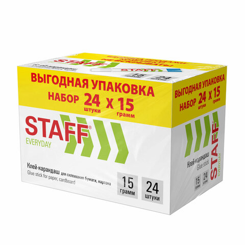 Клей-карандаш 15 г, ВЫГОДНАЯ УПАКОВКА, КОМПЛЕКТ 24 ШТУКИ, STAFF EVERYDAY, 273017 - фото 1