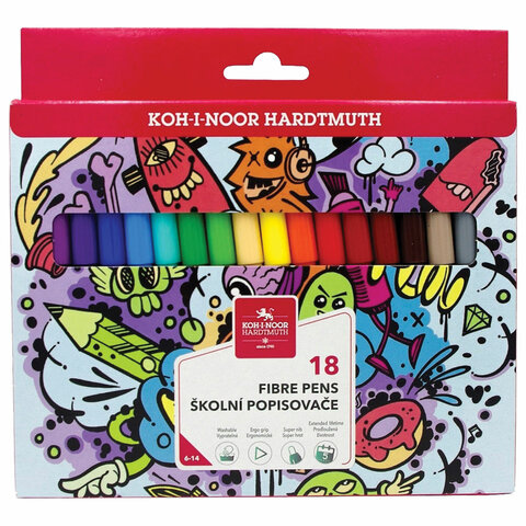 Фломастеры KOH-I-NOOR "TEENAGE" 1002, 18 цветов, смываемые, картонная упаковка, европодвес, 771002AH23KS - фото 1